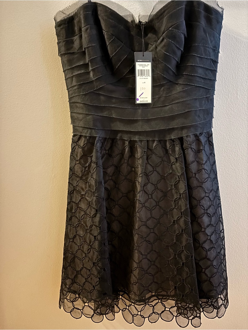 BCBGMaxAzria Black Strapless A-Line Lace-Overlay Party Dress
